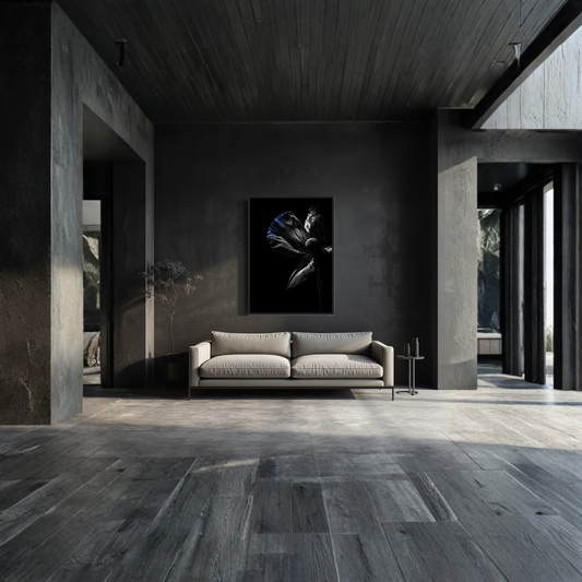 Framed fine art print titled DESCENT I — CONTROL by LunarHeartCo, 50x70 cm, showcasing abstract artwork in a sleek frame.