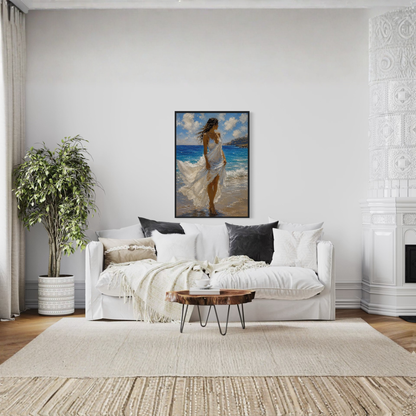 Windswept Mediterranean framed art print displayed in a calm luxury coastal interior.