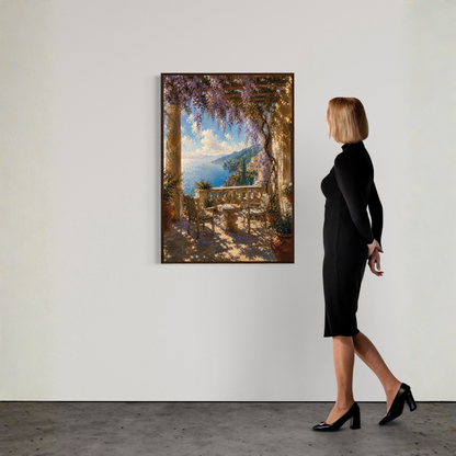 The Terrace framed Mediterranean wall art featuring a wisteria-covered stone terrace overlooking the sea, inspired by Mediterranean architecture and coastal landscapes.