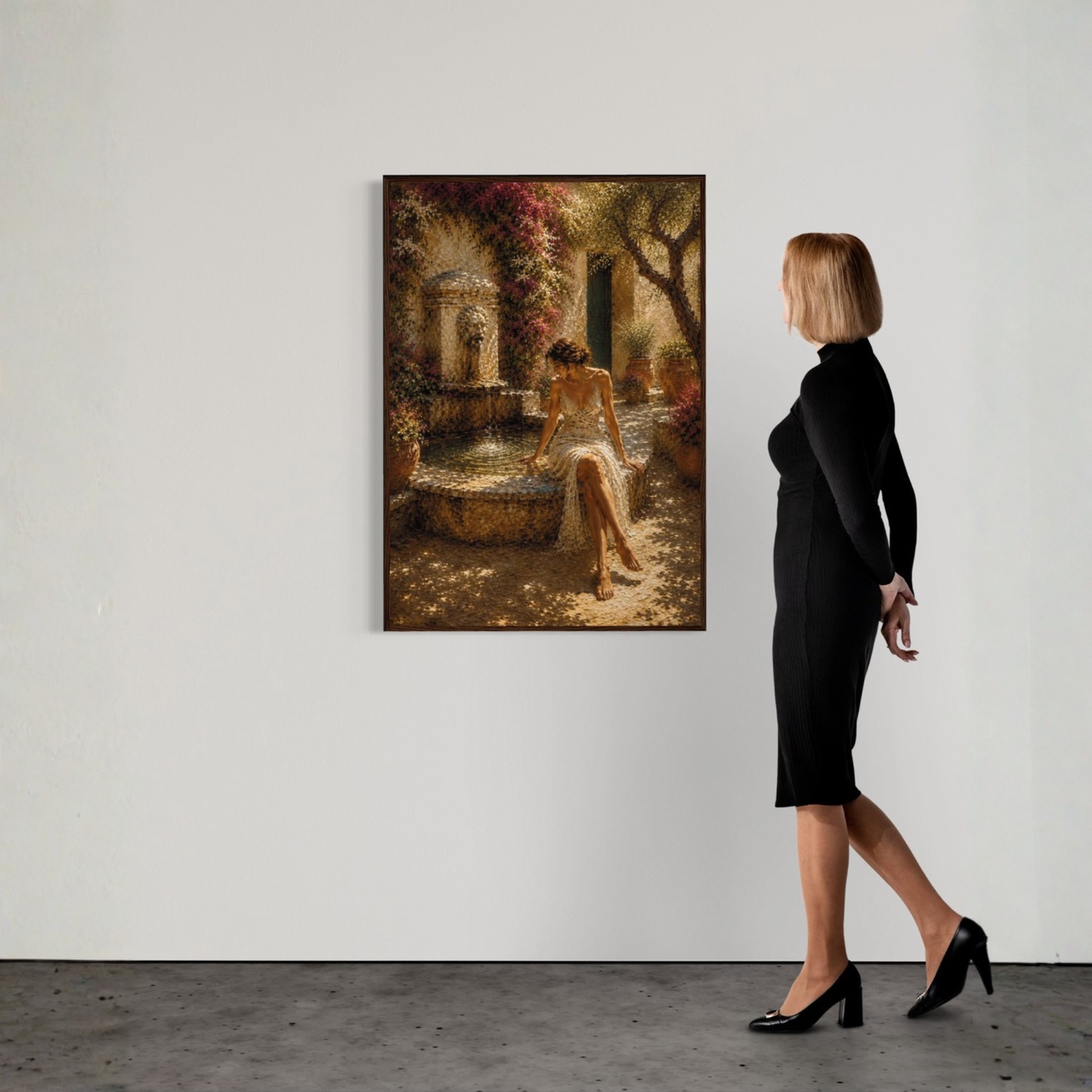 Mediterranean fountain wall art showing a seated woman beside an old stone fountain in a sunlit courtyard.