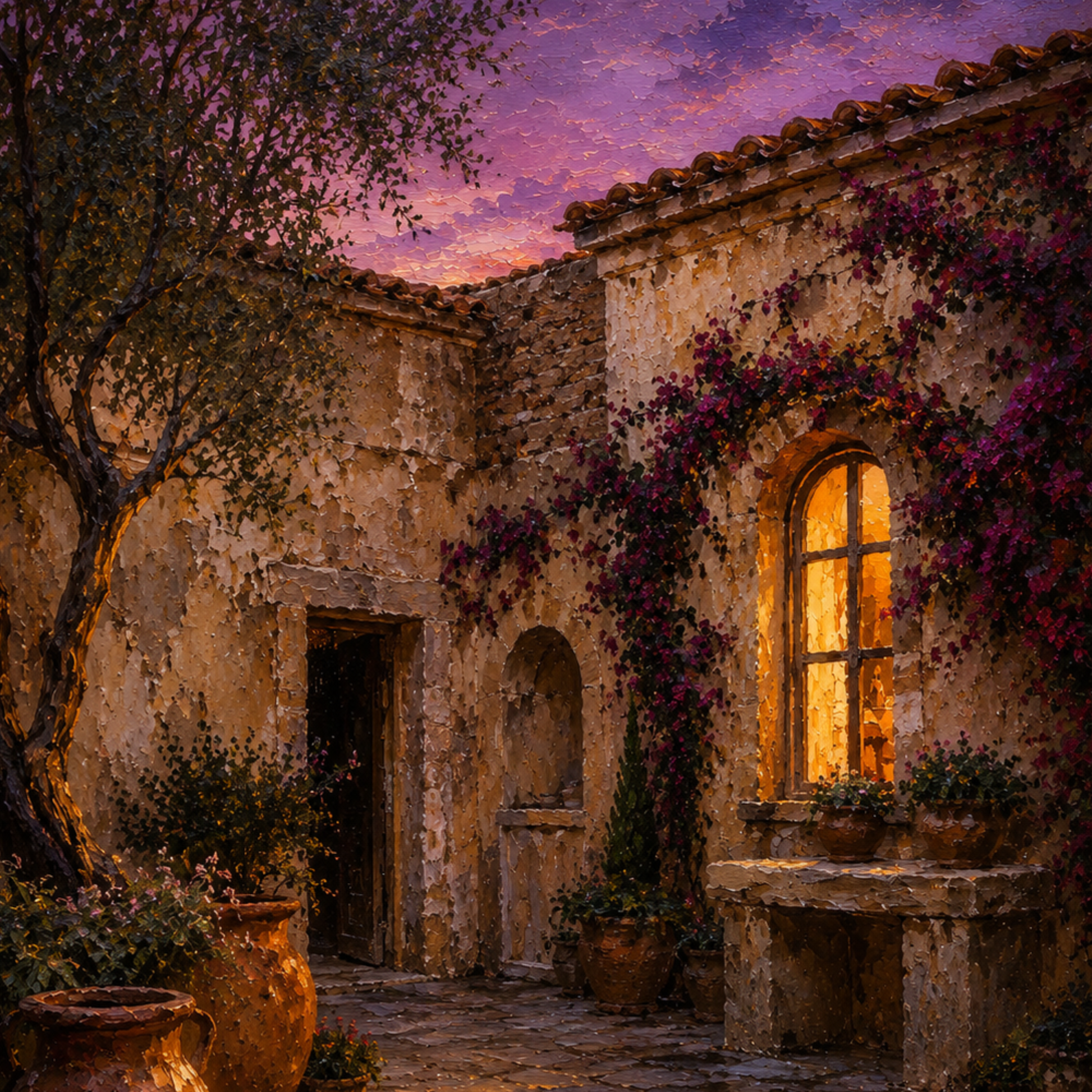 Close-up of Mediterranean courtyard wall art with glowing window, aged stone walls, terracotta vessels, and violet evening sky.