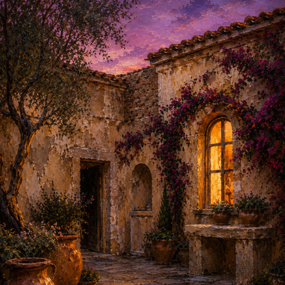 Close-up of Mediterranean courtyard wall art with glowing window, aged stone walls, terracotta vessels, and violet evening sky.