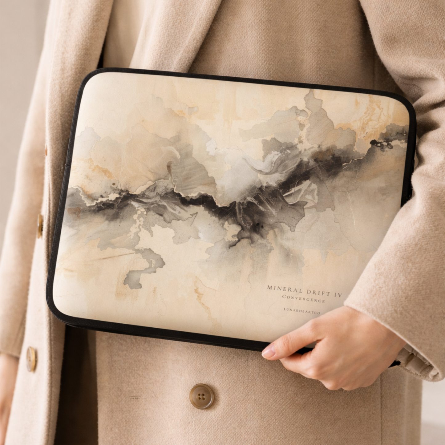 LunarHeartCo Mineral Drift IV Convergence laptop sleeve in sleek, textured fabric with zipper closure and subtle branding.