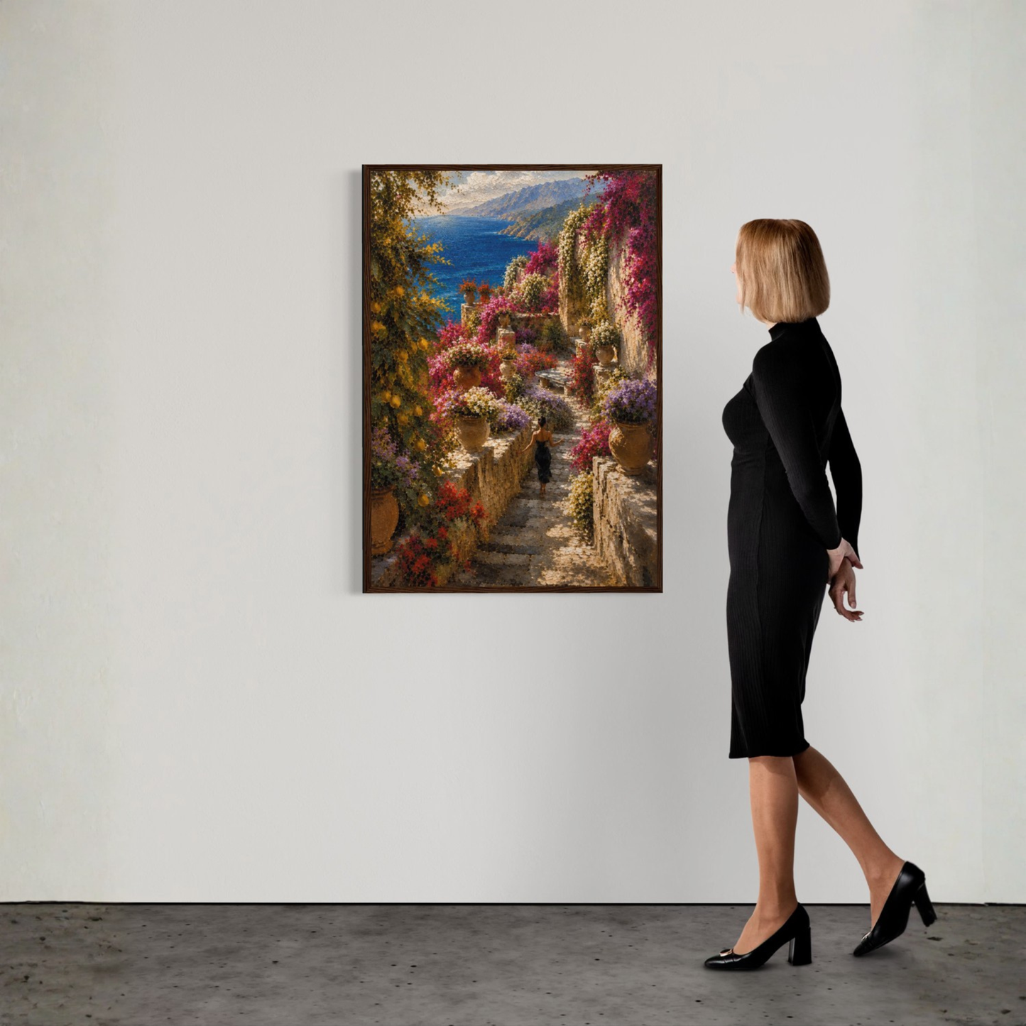 The Garden framed Mediterranean wall art featuring flowering stone terraces overlooking the sea, inspired by Mediterranean villas and coastal landscapes.