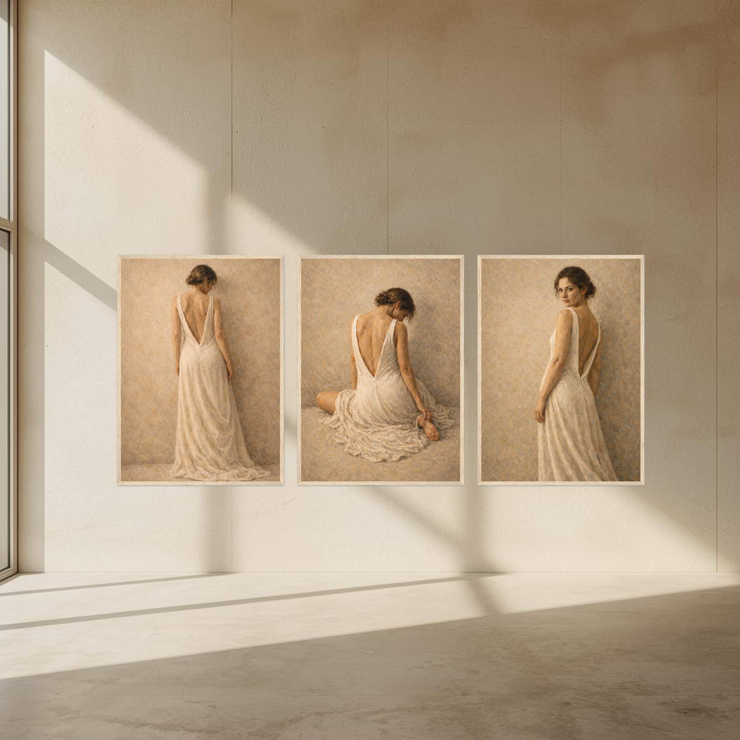 Stillness, Held — Complete 3-Piece Series, Contemporary Figurative Framed Art (50×70 cm) - LunarHeartCo