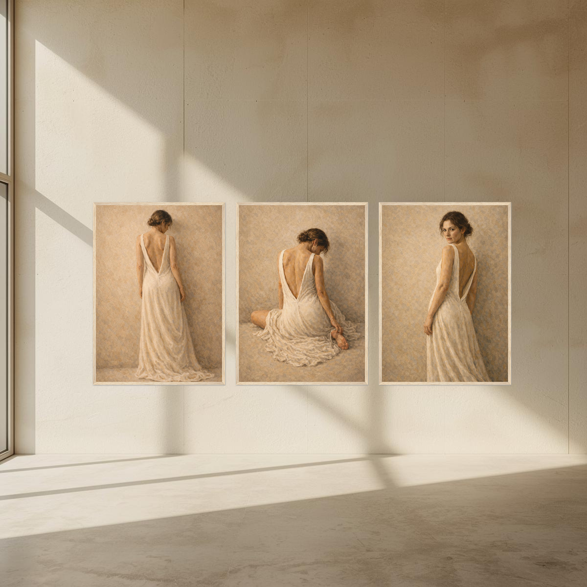 Stillness, Held — Complete 3-Piece Series, Contemporary Figurative Framed Art (50×70 cm) - LunarHeartCo