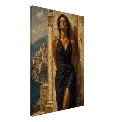 Gallery-wrapped canvas detail of Salt & Stone with warm stone texture, coastal light and artwork continuing around the edges.