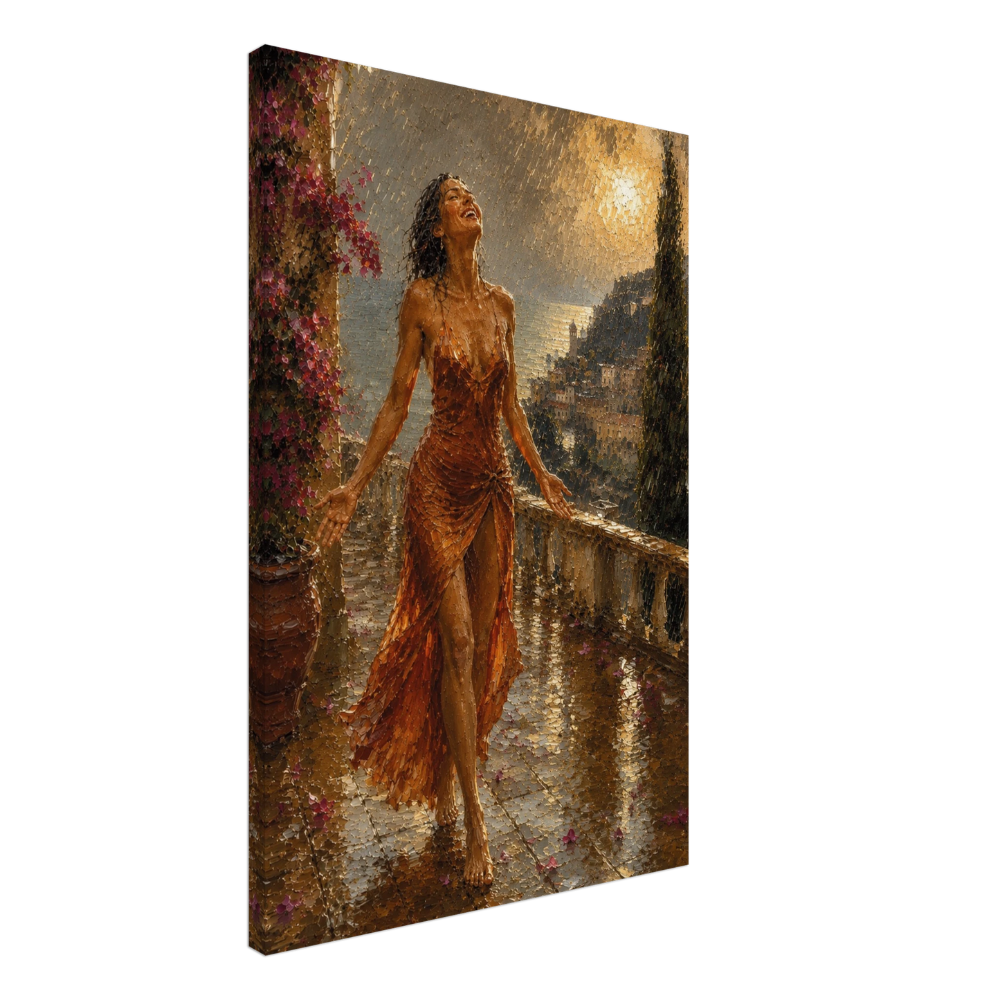 Gallery-wrapped canvas detail of The Sunshower with rain, terracotta fabric and artwork continuing around the edges.