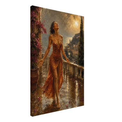 Gallery-wrapped canvas detail of The Sunshower with rain, terracotta fabric and artwork continuing around the edges.