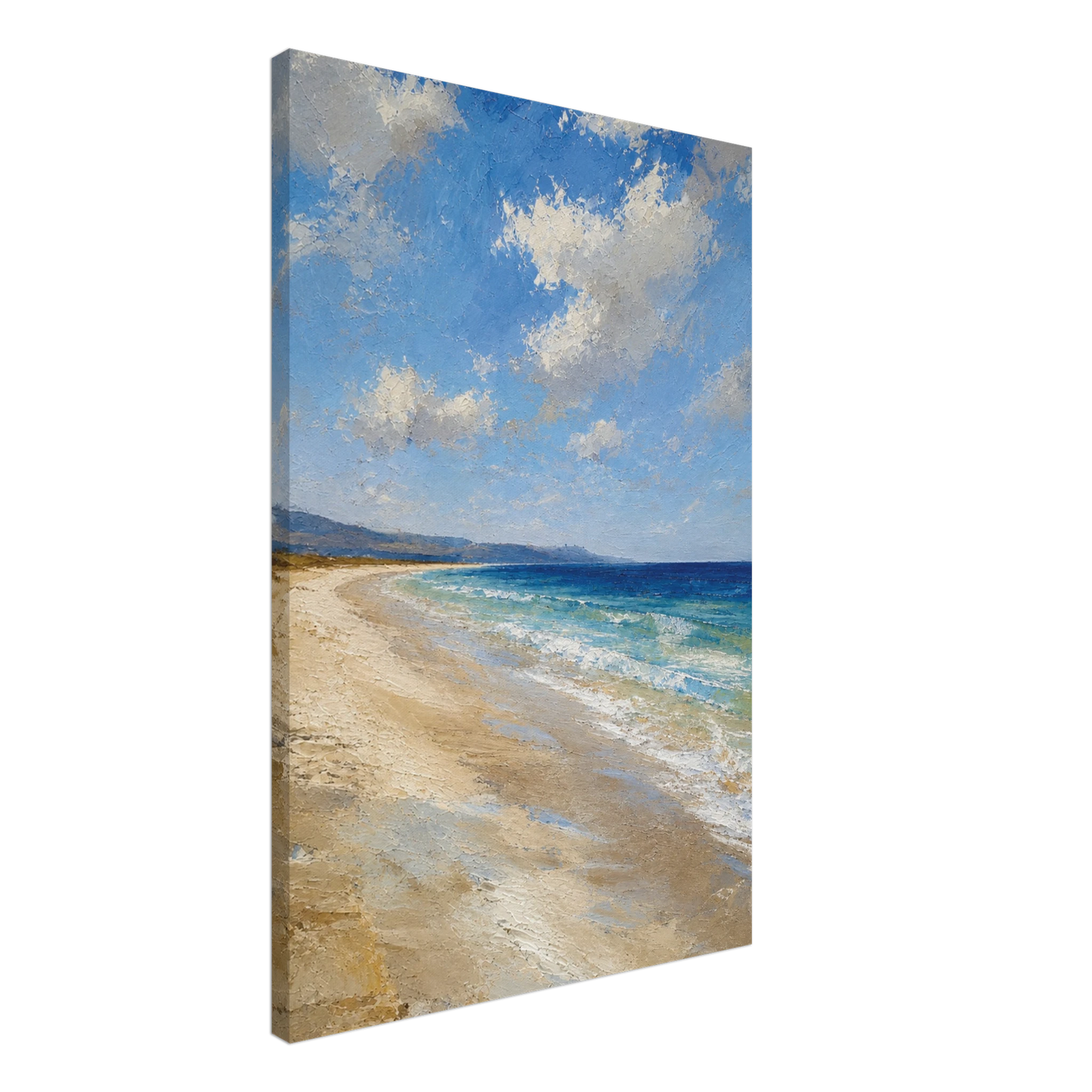 Gallery-wrapped canvas detail of The Blue Distance with blue sea, pale sand and artwork continuing around the edges.