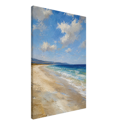 Gallery-wrapped canvas detail of The Blue Distance with blue sea, pale sand and artwork continuing around the edges.