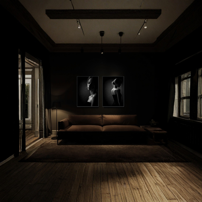 Framed Noir Studies Tension Pair by LunarHeartCo featuring abstract black and white art prints Muse III and IV in sleek frames