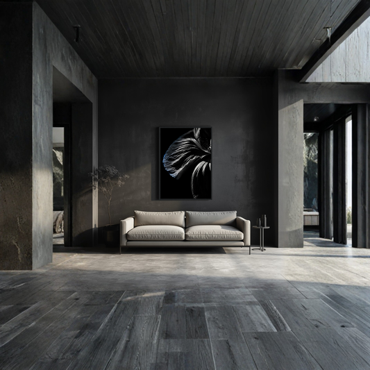 Framed LunarHeartCo Descent III — Fracture fine art print, wall art, 50x70 cm, abstract artwork with bold lines and textured details.