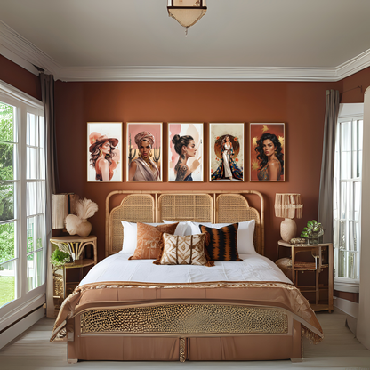 Bold Bohemian Woman Wall Art Set (5 Prints) | Terracotta & Gold Feminine Portraits | Boho Digital Download 🌿✨ - LunarHeartCo