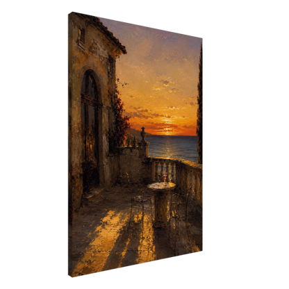 Gallery-wrapped canvas detail of The Hour with golden sunset light, stone terrace and artwork continuing around the edges.