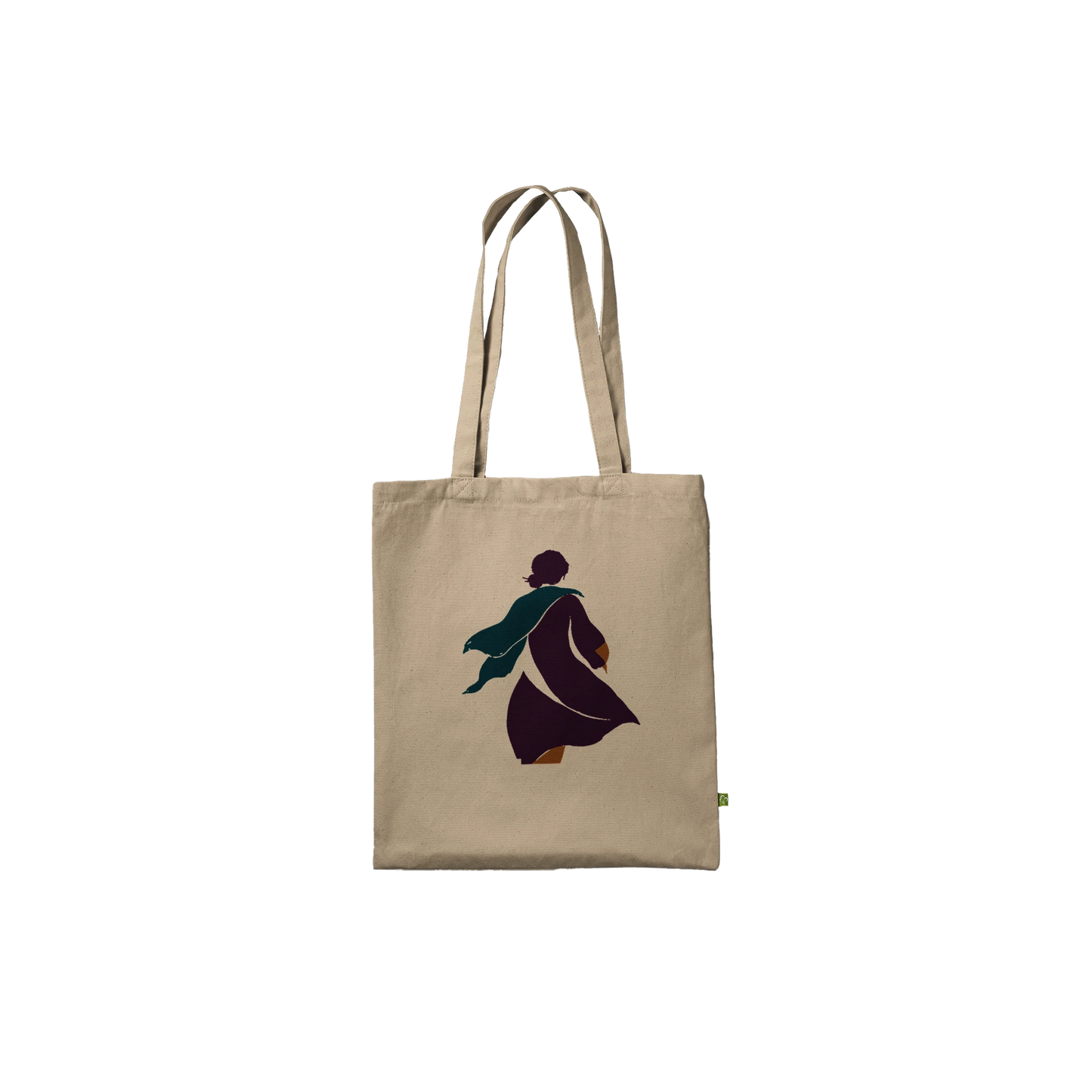 Front view of THE TURN natural cotton art tote featuring a woman in motion against the unprinted cream fabric.