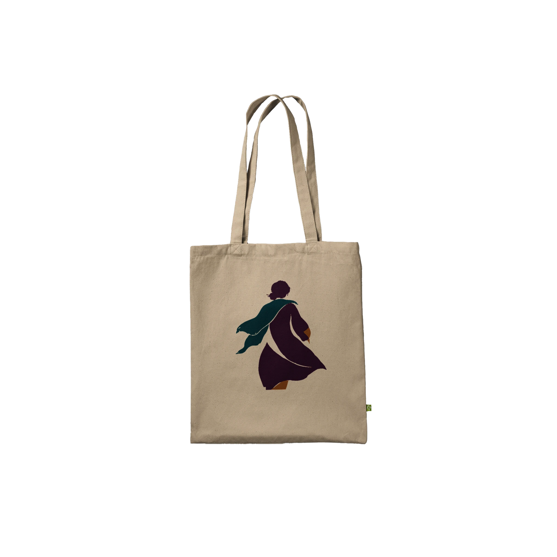 Front view of THE TURN natural cotton art tote featuring a woman in motion against the unprinted cream fabric.