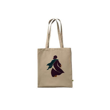 Front view of THE TURN natural cotton art tote featuring a woman in motion against the unprinted cream fabric.