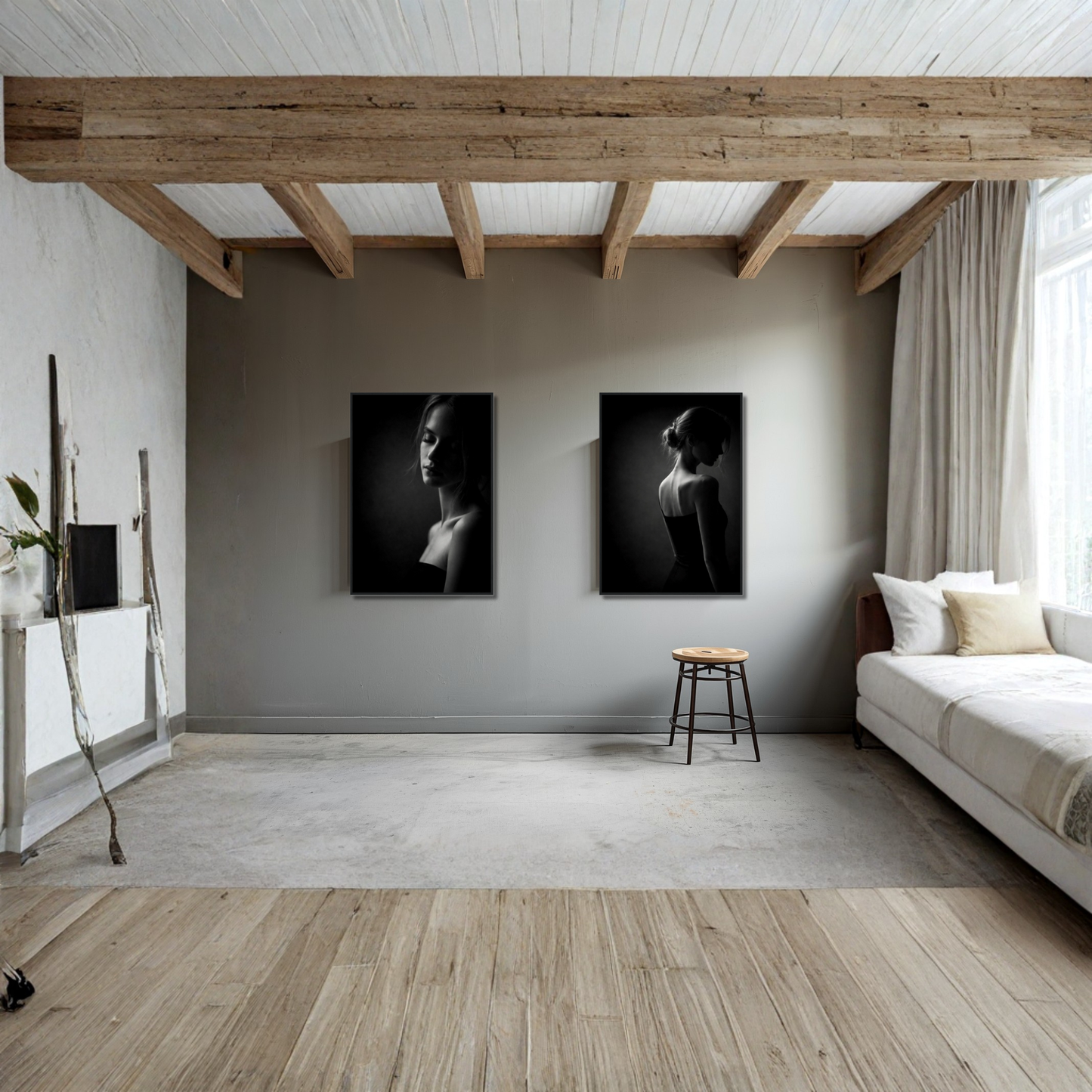 Framed fine art prints titled Noir Studies—Tension Pair by LunarHeartCo, featuring abstract black and white designs in sleek frames.