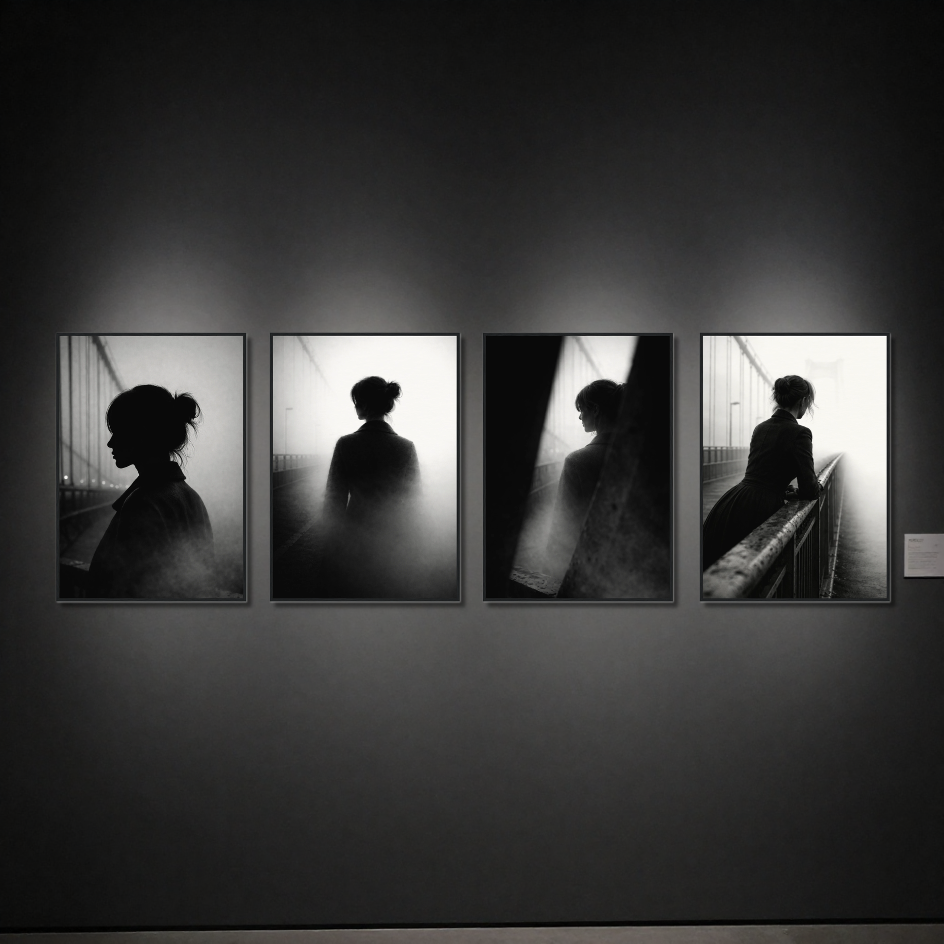 Four framed editorial fine art prints from LunarHeartCo's Noir Studies — Threshold series, 50×70 cm, featuring dark, moody artistic imagery.