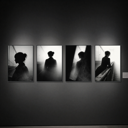 Four framed editorial fine art prints from LunarHeartCo's Noir Studies — Threshold series, 50×70 cm, featuring dark, moody artistic imagery.