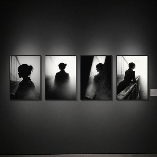 Four framed editorial fine art prints from LunarHeartCo's Noir Studies — Threshold series, 50×70 cm, featuring dark, moody artistic imagery.