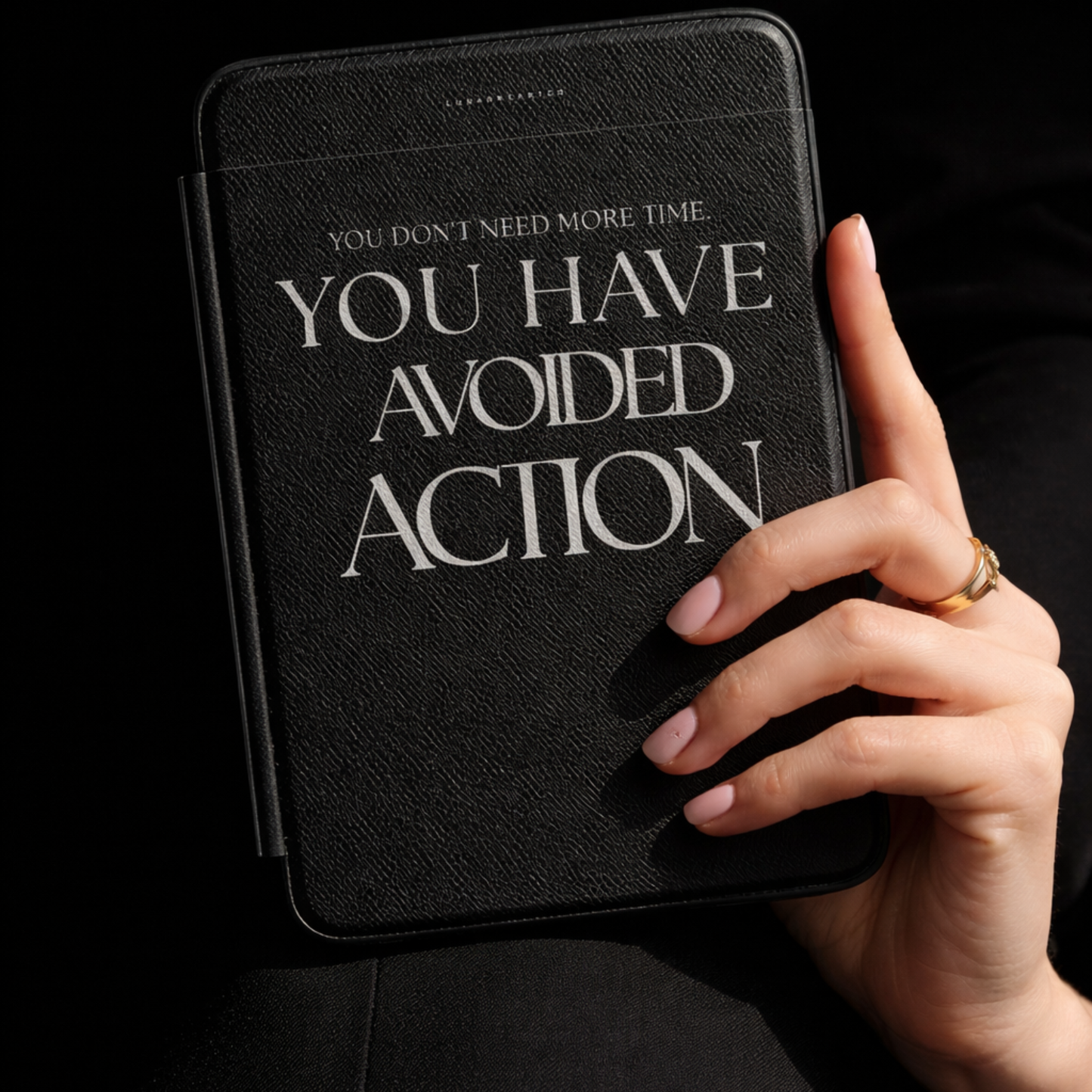 LunarHeartCo Action I Avoided Kindle Case from the Behaviour Series, flexible phone case with animated design, shown on a smartphone.