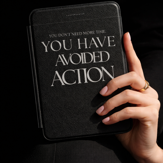 LunarHeartCo Action I Avoided Kindle Case from the Behaviour Series, flexible phone case with animated design, shown on a smartphone.