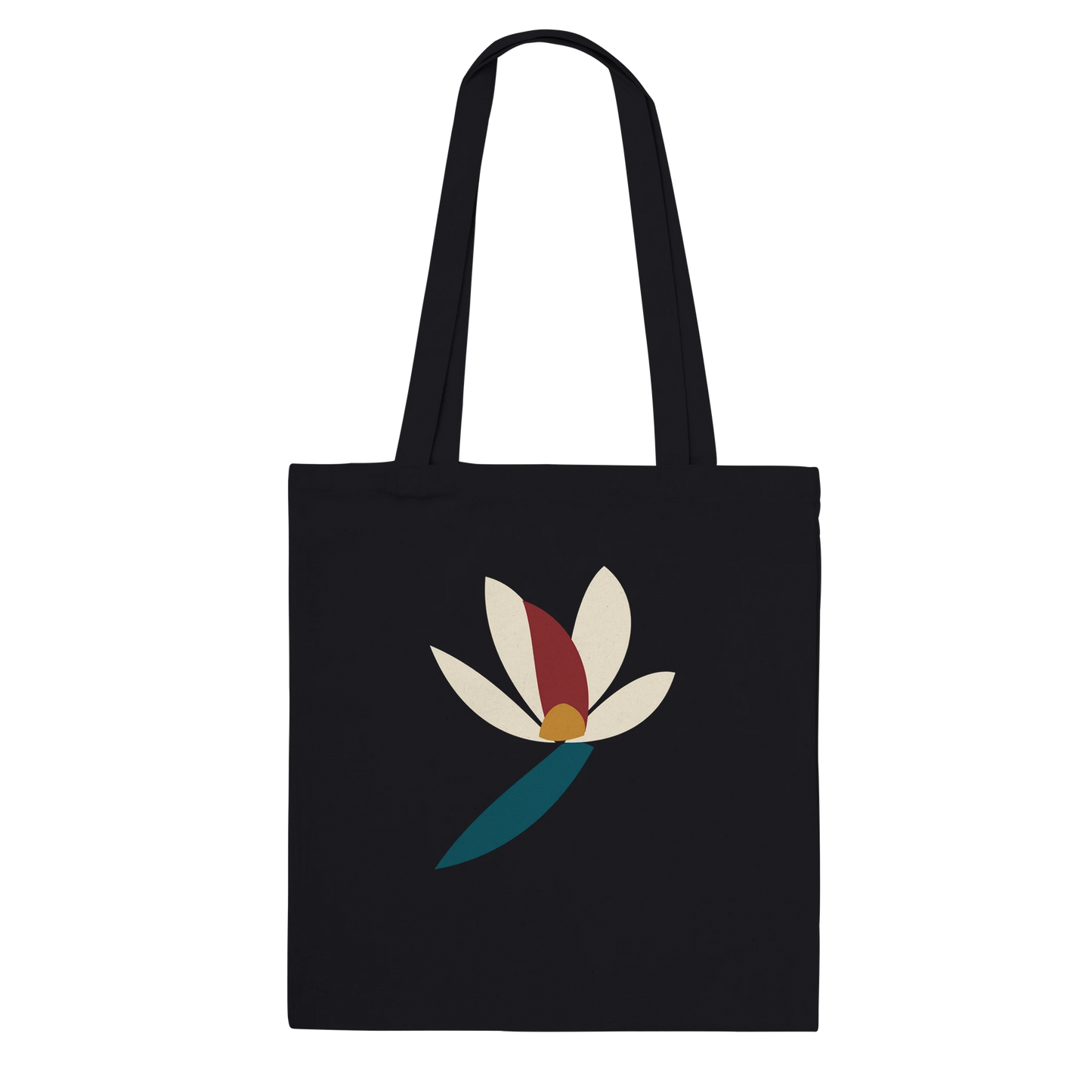 THE BLOOM black cotton tote bag with abstract ivory, oxblood, ochre and petrol flower artwork