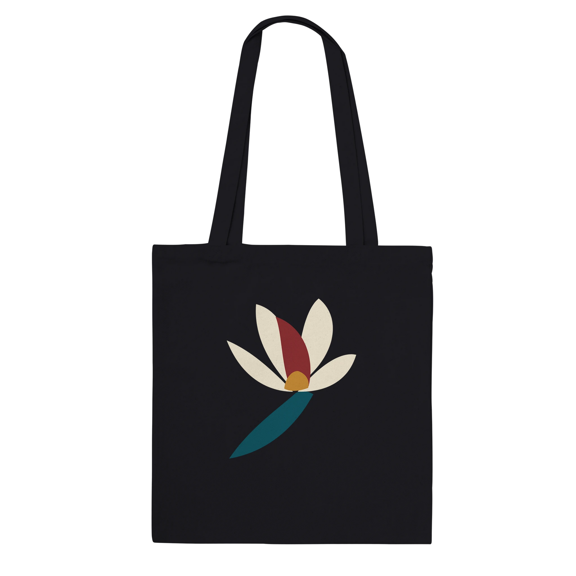 THE BLOOM black cotton tote bag with abstract ivory, oxblood, ochre and petrol flower artwork