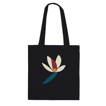 THE BLOOM black cotton tote bag with abstract ivory, oxblood, ochre and petrol flower artwork
