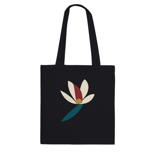 THE BLOOM black cotton tote bag with abstract ivory, oxblood, ochre and petrol flower artwork