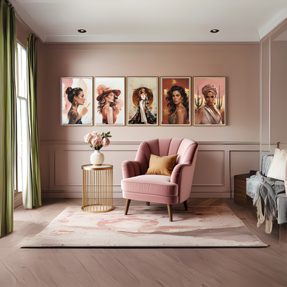Bold Bohemian Woman Wall Art Set (5 Prints) | Terracotta & Gold Feminine Portraits | Boho Digital Download 🌿✨ - LunarHeartCo