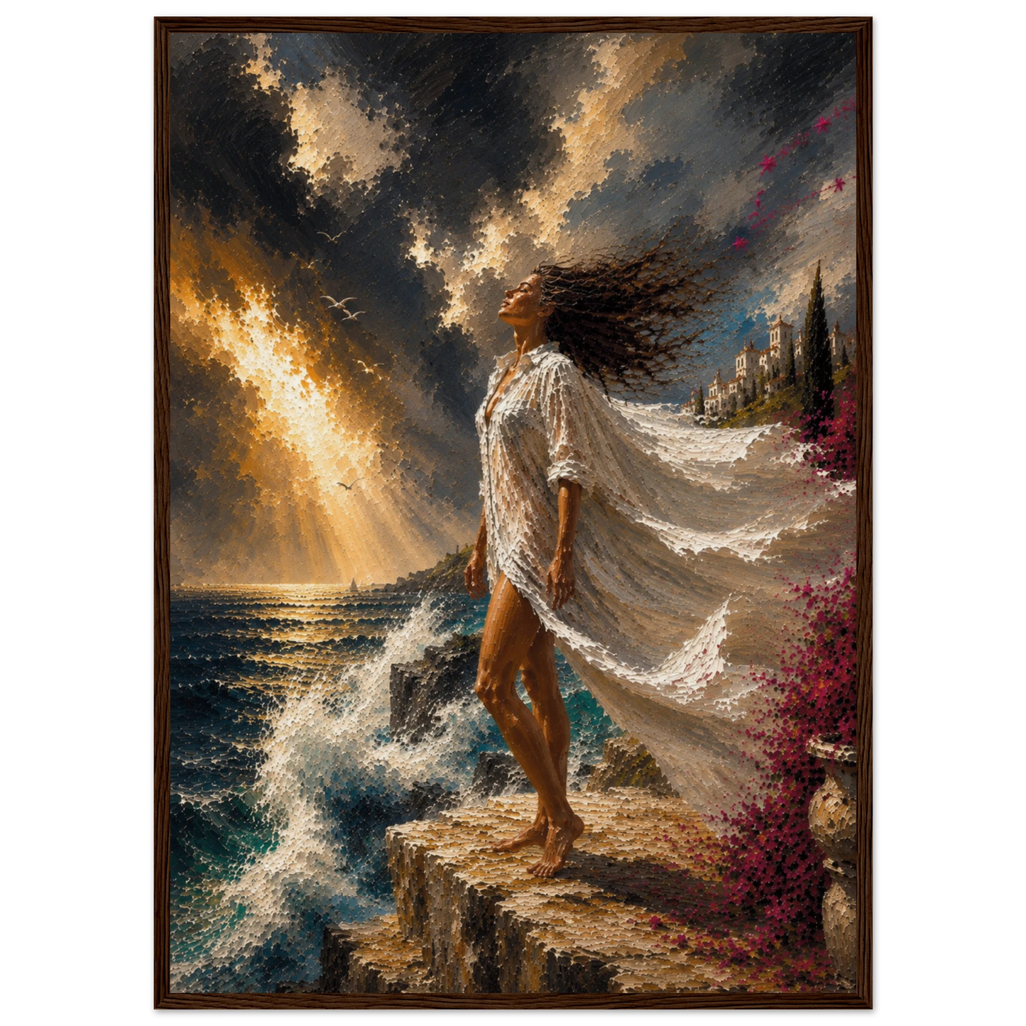 Dramatic Mediterranean coastal wall art displayed in a dark wood frame.