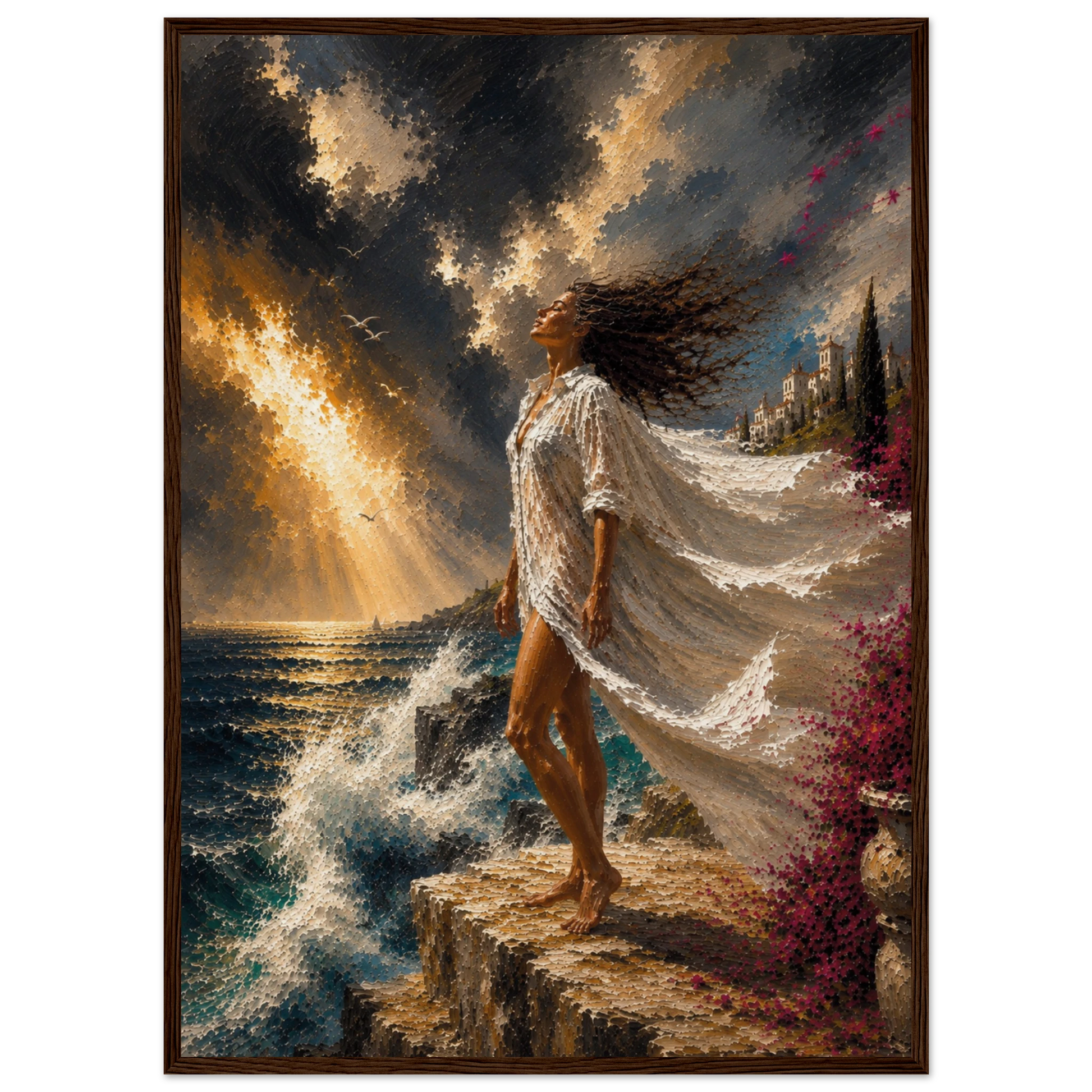 Dramatic Mediterranean coastal wall art displayed in a dark wood frame.