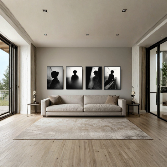 Four framed noir-themed editorial art prints from LunarHeartCo's Threshold series, each measuring 50x70 cm, displayed together.