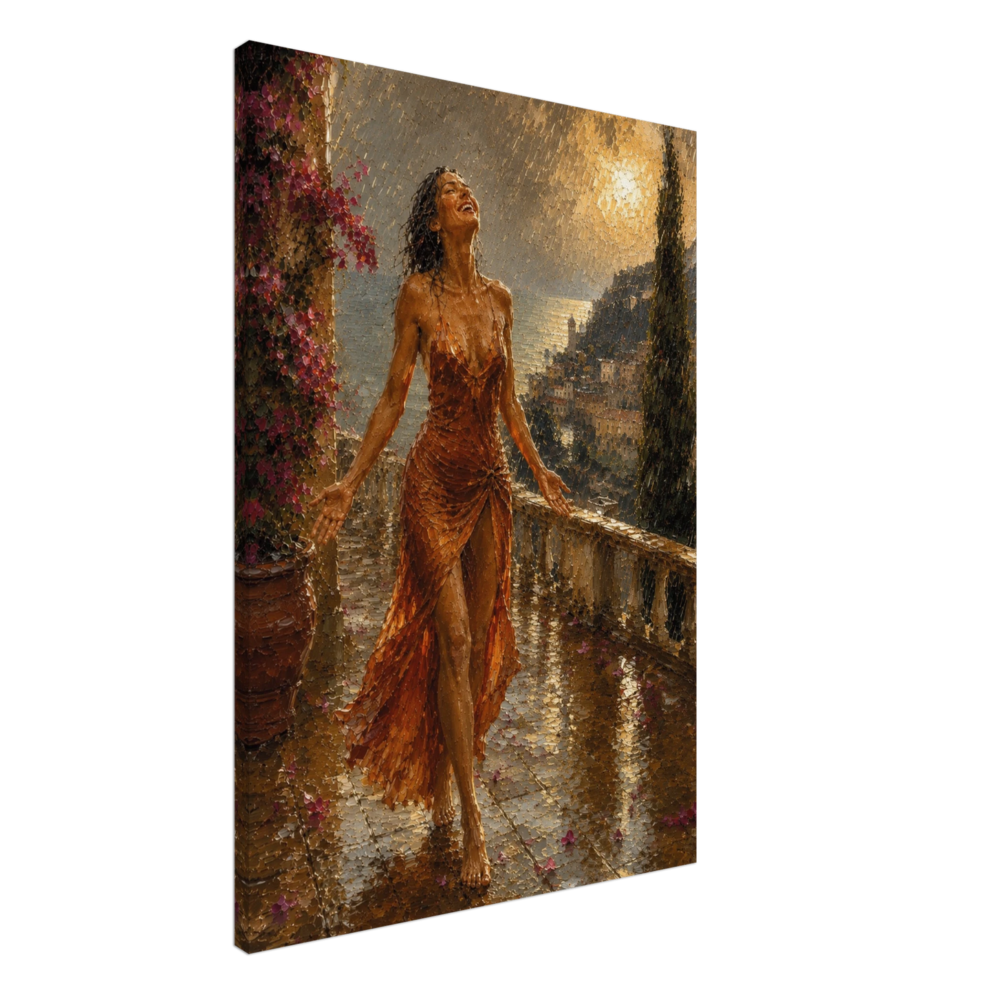Gallery-wrapped canvas detail of The Sunshower with rain, terracotta fabric and artwork continuing around the edges.