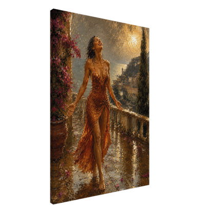 Gallery-wrapped canvas detail of The Sunshower with rain, terracotta fabric and artwork continuing around the edges.