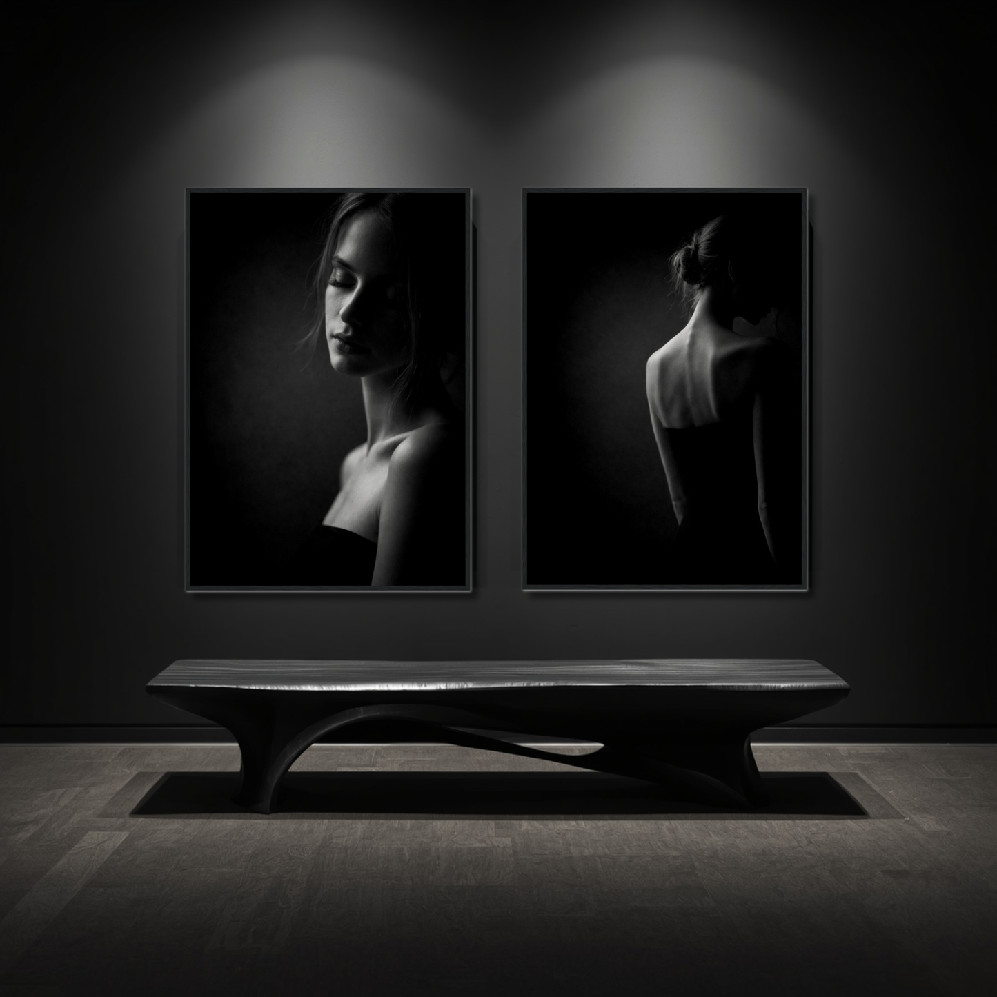 Framed fine art prints of Noir Studies Signature Pair Muse IV and V by LunarHeartCo, featuring elegant black and white portrait artwork.