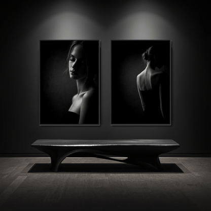 Framed fine art prints of Noir Studies Signature Pair Muse IV and V by LunarHeartCo, featuring elegant black and white portrait artwork.