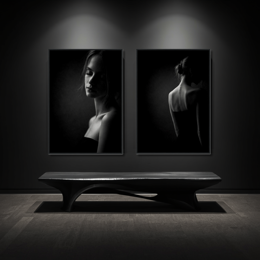 Framed fine art prints of Noir Studies Signature Pair Muse IV and V by LunarHeartCo, featuring elegant black and white portrait artwork.