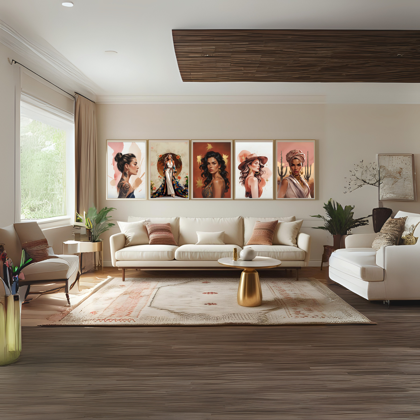 Bold Bohemian Woman Wall Art Set (5 Prints) | Terracotta & Gold Feminine Portraits | Boho Digital Download 🌿✨ - LunarHeartCo