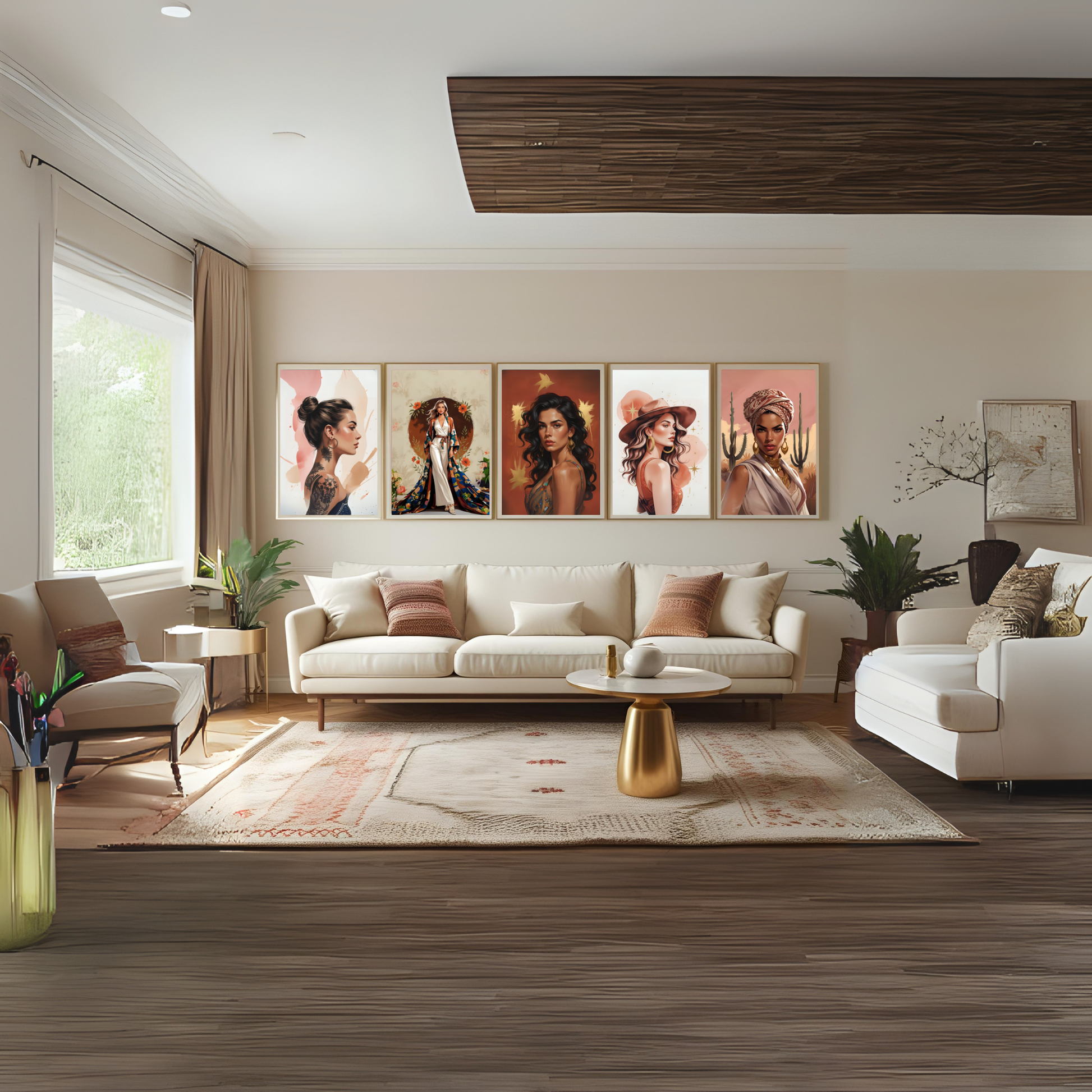 Bold Bohemian Woman Wall Art Set (5 Prints) | Terracotta & Gold Feminine Portraits | Boho Digital Download 🌿✨ - LunarHeartCo