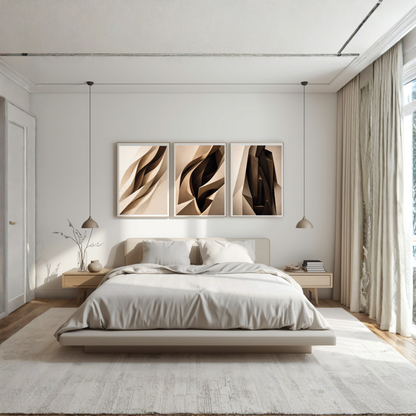 LunarHeartCo interior wall art set featuring three fine art prints with abstract internal structure designs displayed on a wall.