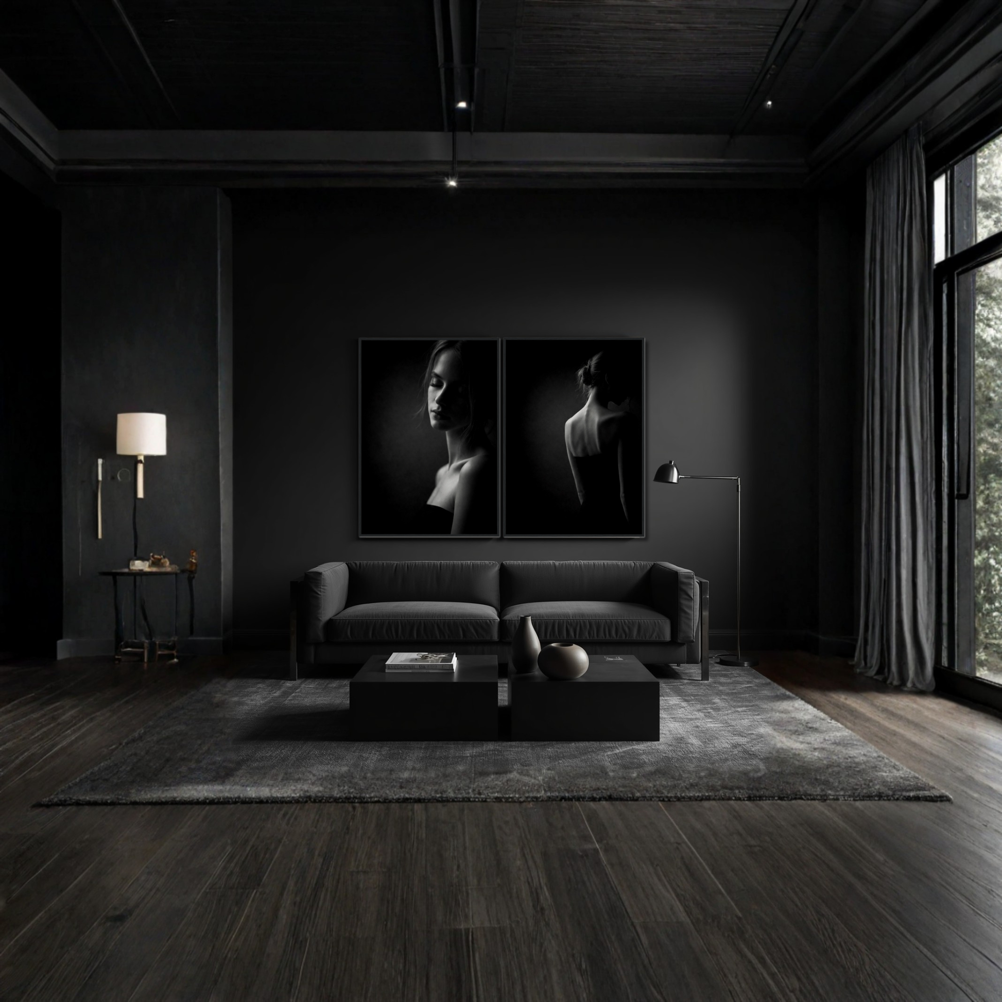 Framed fine art prints of Noir Studies - Signature Pair by LunarHeartCo, showcasing black and white abstract silhouettes in elegant frames.