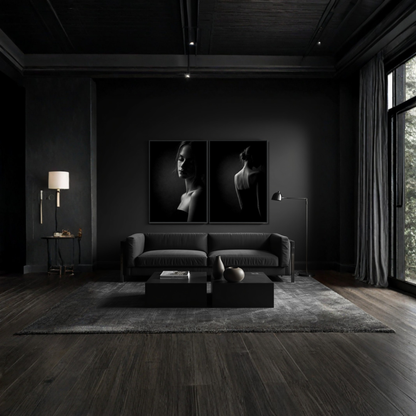 Framed fine art prints of Noir Studies - Signature Pair by LunarHeartCo, showcasing black and white abstract silhouettes in elegant frames.