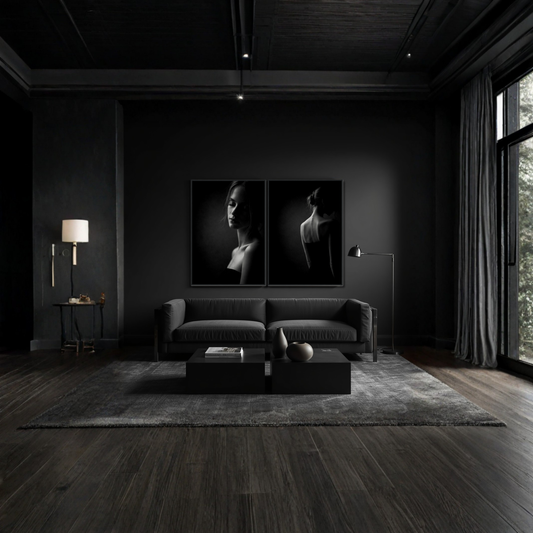 Framed fine art prints of Noir Studies - Signature Pair by LunarHeartCo, showcasing black and white abstract silhouettes in elegant frames.