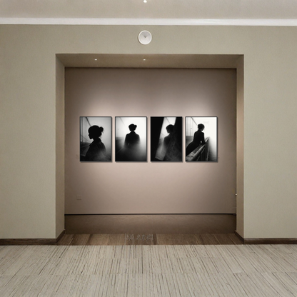 Set of four framed noir-themed editorial art prints by LunarHeartCo, each 50x70 cm, featuring striking black-and-white images.
