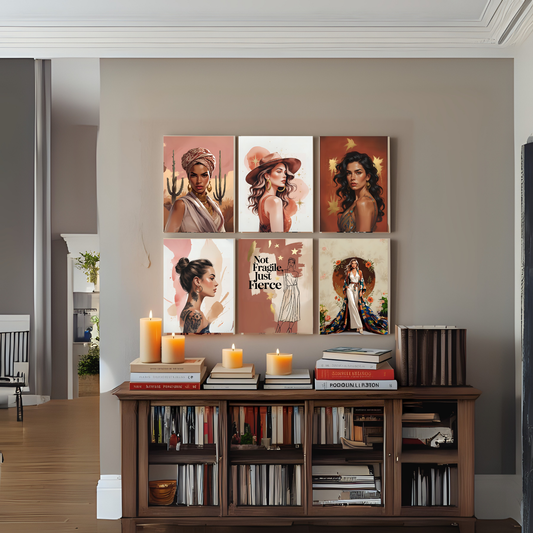 Bold Bohemian Woman Wall Art Set (5 Prints) | Terracotta & Gold Feminine Portraits | Boho Digital Download 🌿✨ - LunarHeartCo