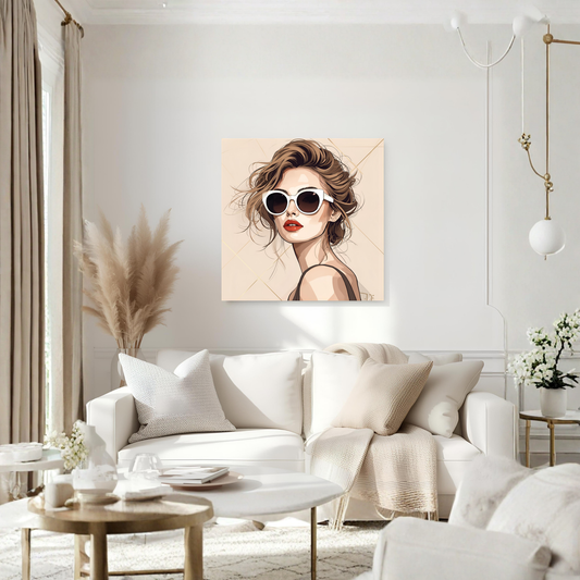 Chic Fashion Line-Art Woman in Sunglasses – 16×16 Neutral Canvas Print - LunarHeartCo